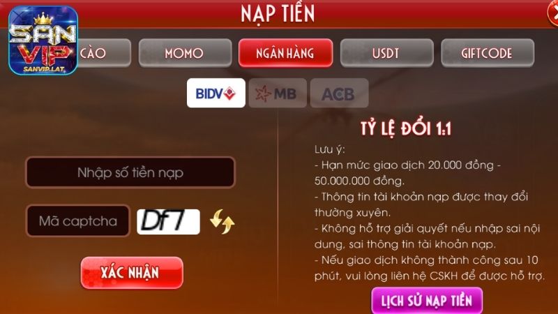 nap tien sanvip ngan hang Nạp tiền SANVIP qua ngân hàng tiện lợi